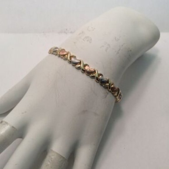 Lady 14k Tri-Color REAL Solid Gold XO Hearts and Kisses Cz Bracelet 7 1/4'' 5.3g - Picture 7 of 8